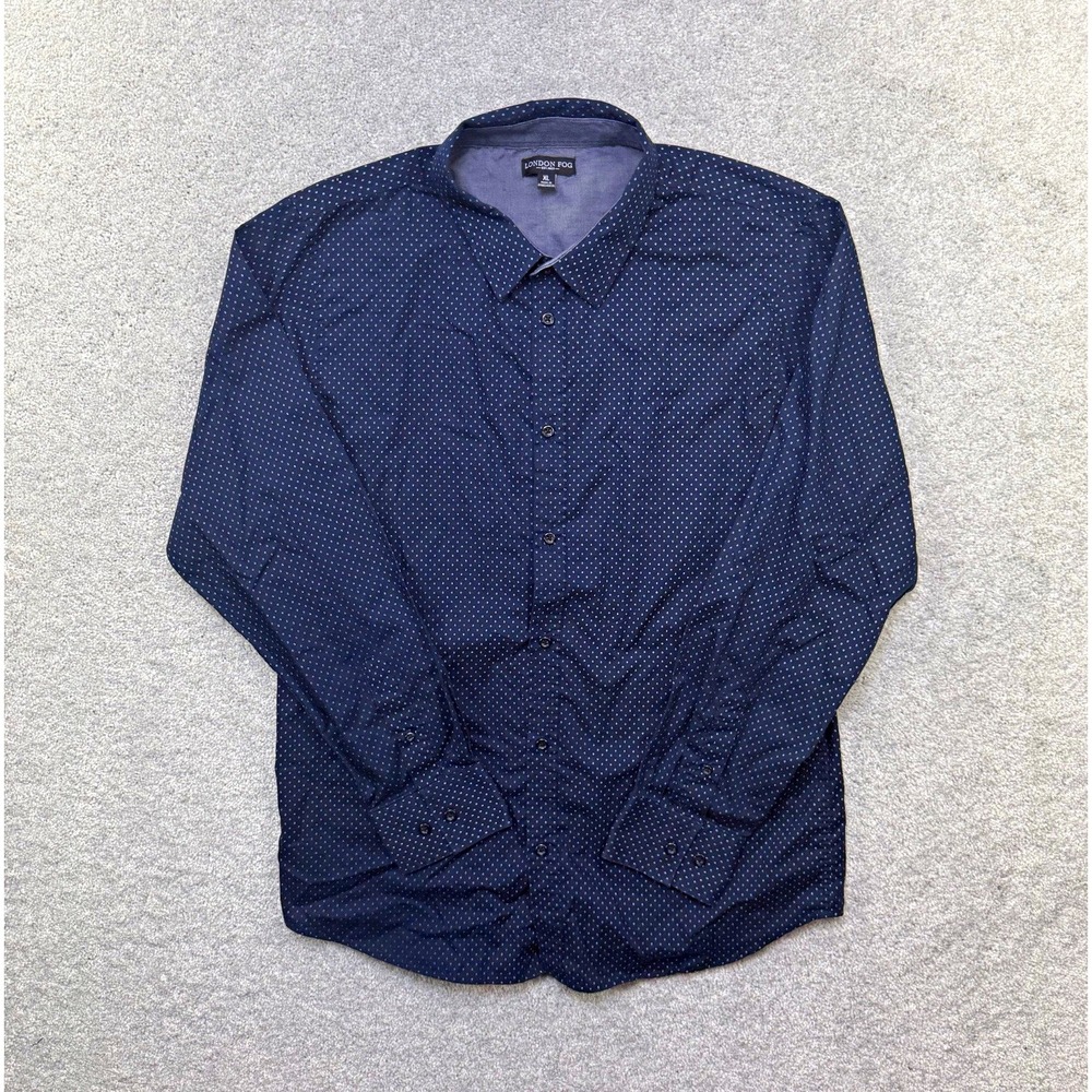 London Fog Mens XL Button Down Shirt Navy Blue Geometric Print Long Sleeve Tee
